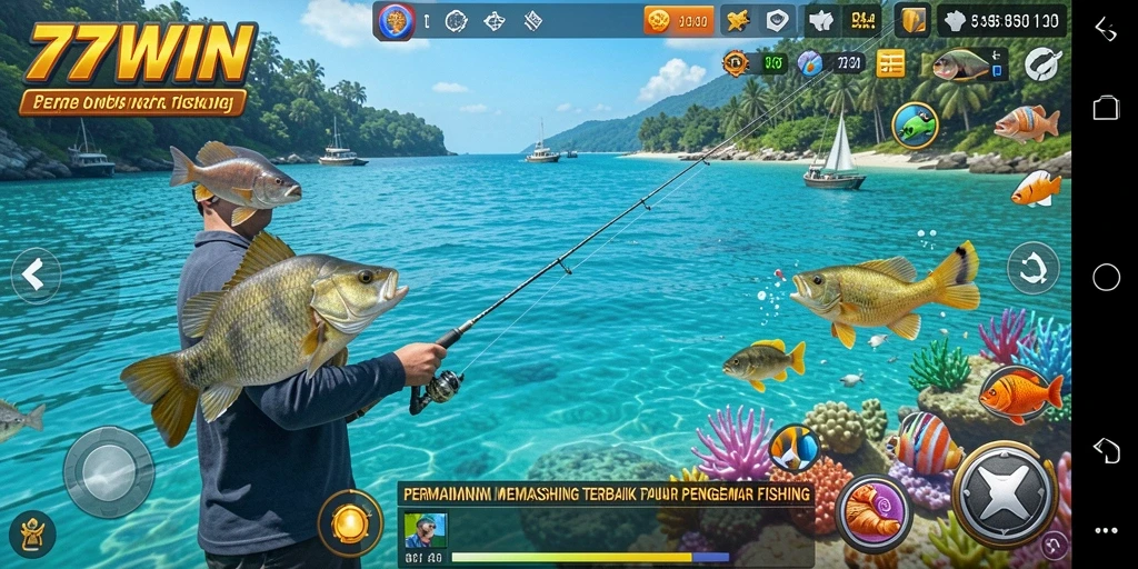 Screenshot gameplay 77WIN menunjukkan aksi memancing yang seru dan menegangkan.