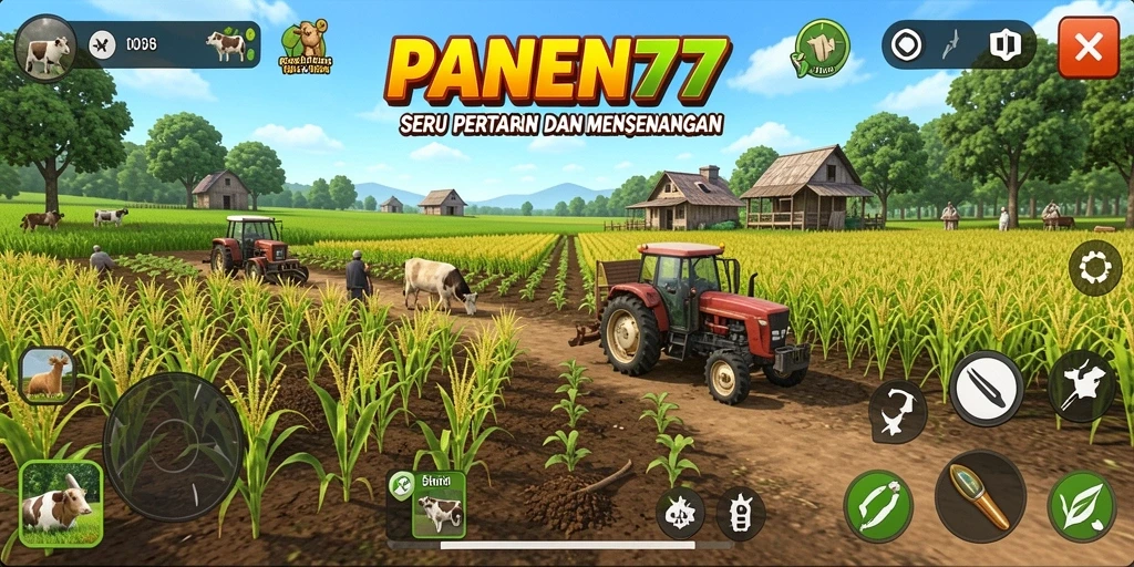 Screenshot utama menampilkan gameplay seru di dunia pertanian.