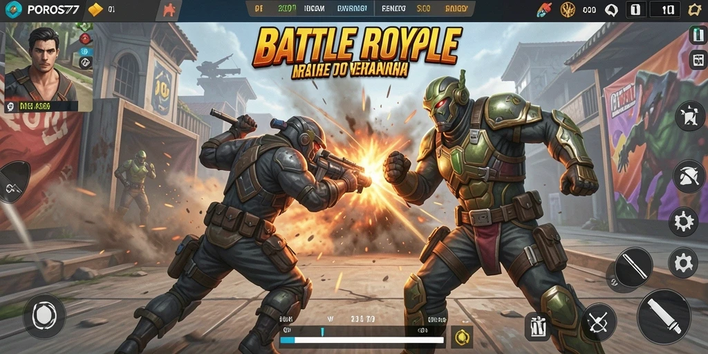 Menampilkan aksi seru dalam arena Battle Royale di POROS77.
