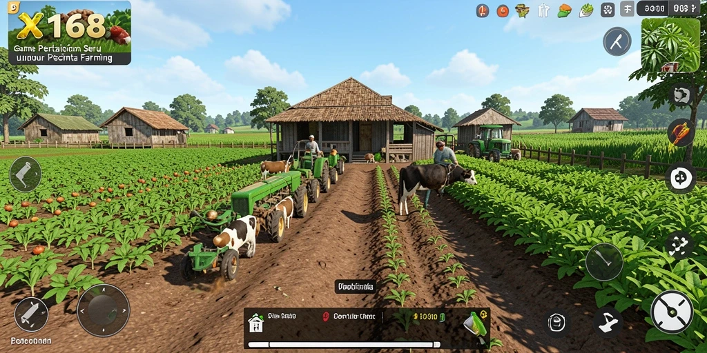 Screenshot gameplay X168 menunjukkan lahan pertanian yang hijau dan subur.